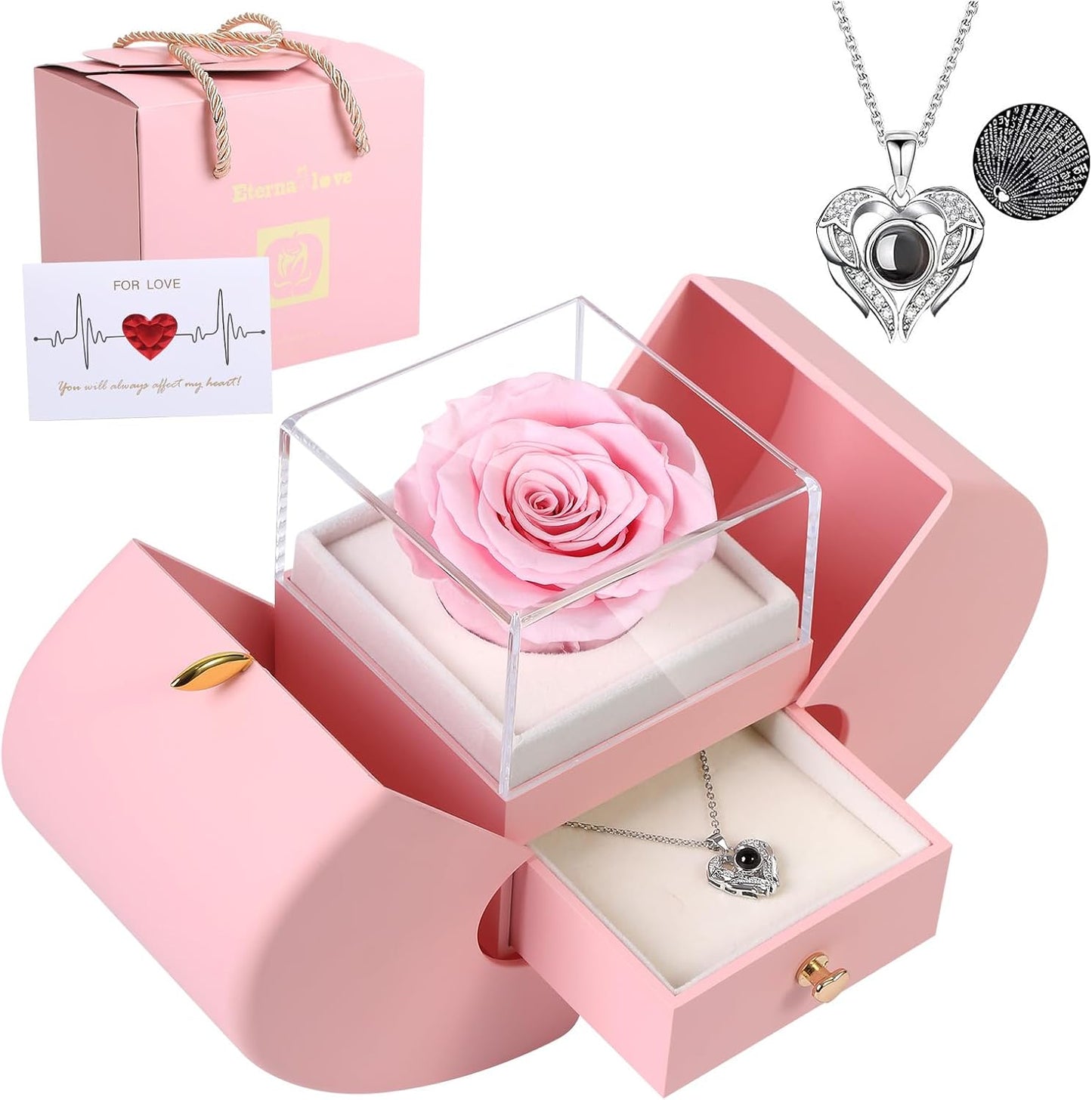 Preserved Real Rose with I love you Necklace 100 Languages