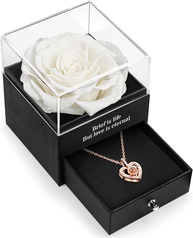 Preserved Real Rose with I Love You Necklace in 100 Language