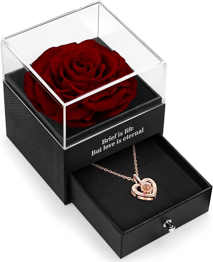 Preserved Real Rose with I Love You Necklace in 100 Language