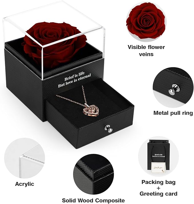 Preserved Real Rose with I Love You Necklace in 100 Language