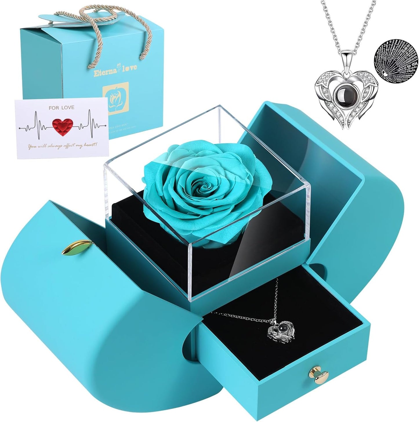 Preserved Real Rose with I love you Necklace 100 Languages