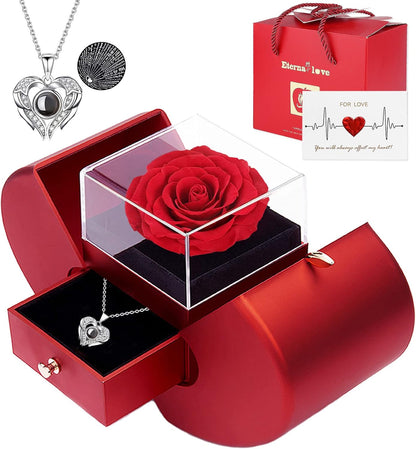 Preserved Real Rose with I love you Necklace 100 Languages